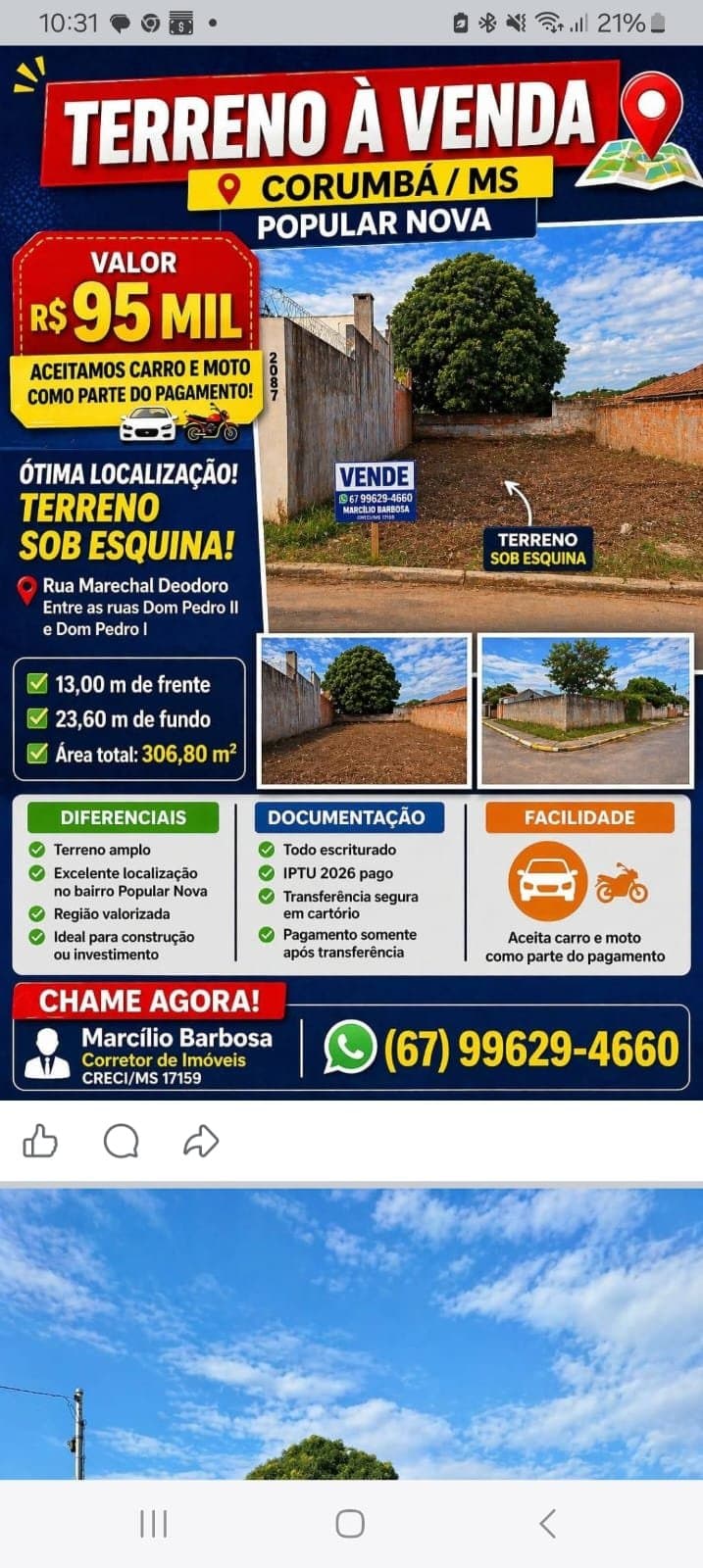 Terreno à venda no bairro Popular Nova em Corumbá com ótima localização